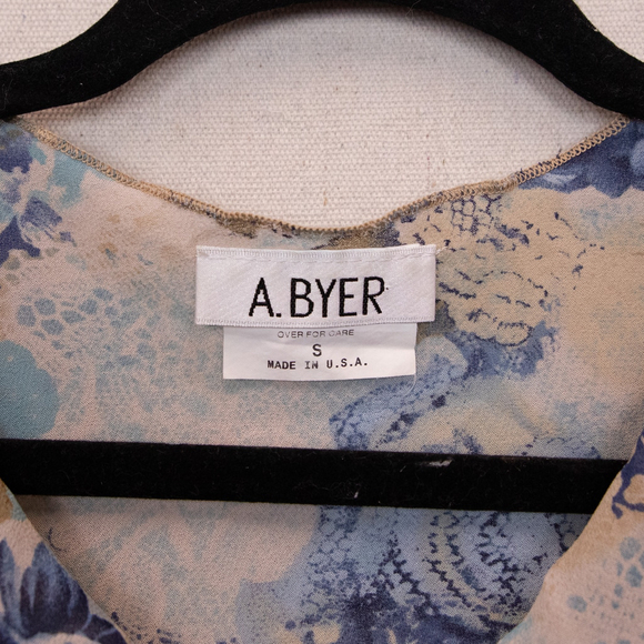 90s A. Byer sheer beige blue floral tiered sleeve top-S - Picture 4 of 5
